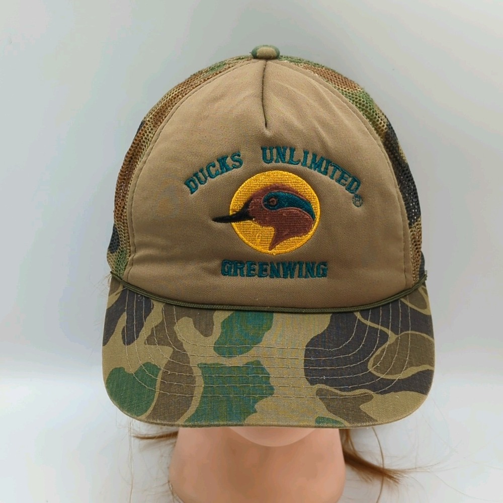 Vintage 80s Ducks Unlimited Greenwing Camouflage Camo Snapback Trucker Hat Mesh